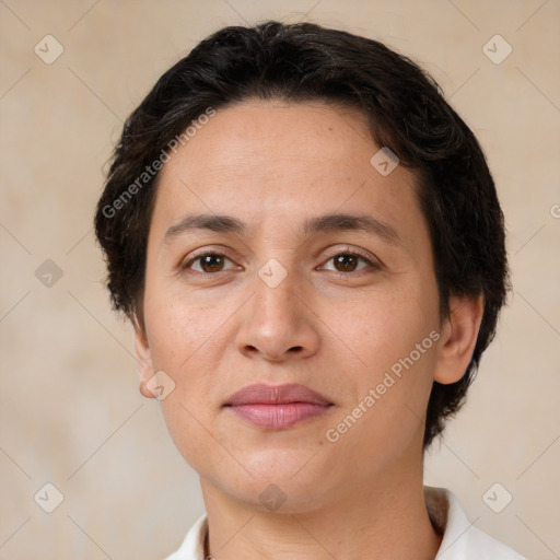 Joyful white adult female with medium  brown hair and brown eyes