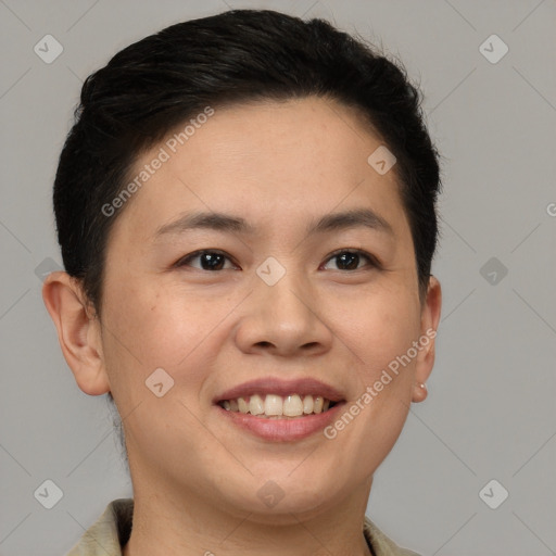 Joyful white young-adult female with short  brown hair and brown eyes