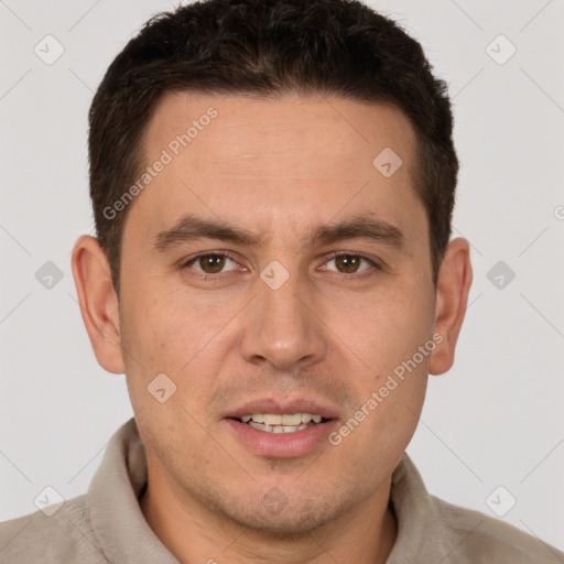 Joyful white young-adult male with short  brown hair and brown eyes