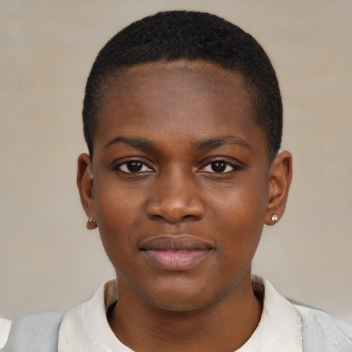 Neutral black young-adult female with short  black hair and brown eyes