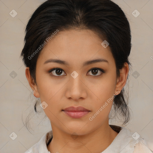 Neutral asian young-adult female with medium  brown hair and brown eyes