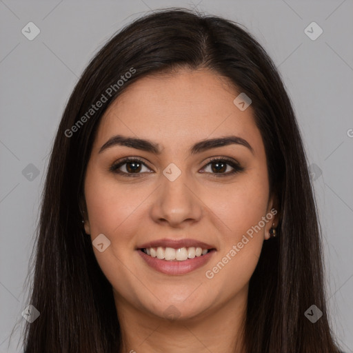 Joyful white young-adult female with long  brown hair and brown eyes