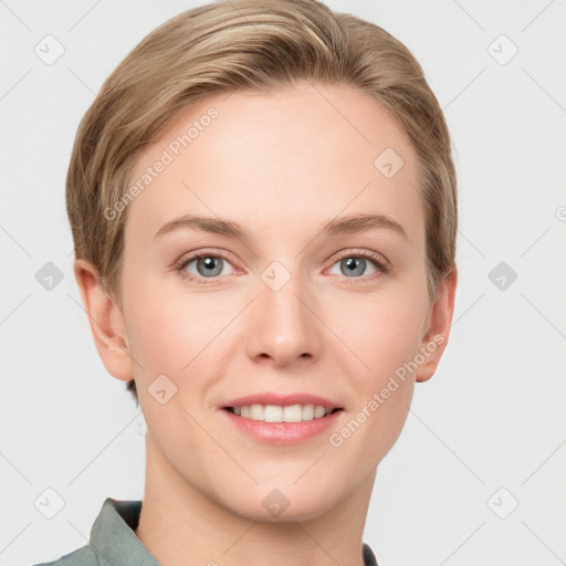 Joyful white young-adult female with short  brown hair and grey eyes