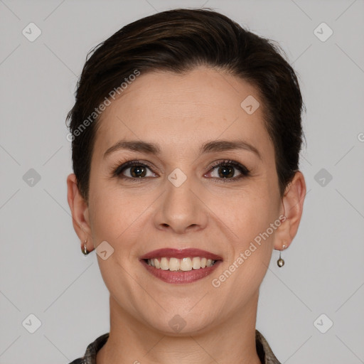 Joyful white young-adult female with short  brown hair and brown eyes