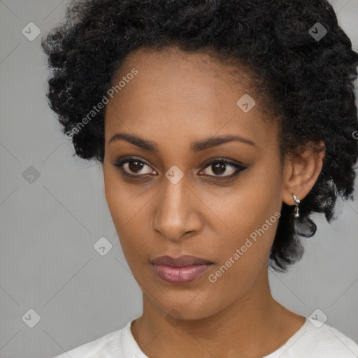 Neutral black young-adult female with short  black hair and brown eyes