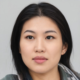 Neutral asian young-adult female with medium  black hair and brown eyes