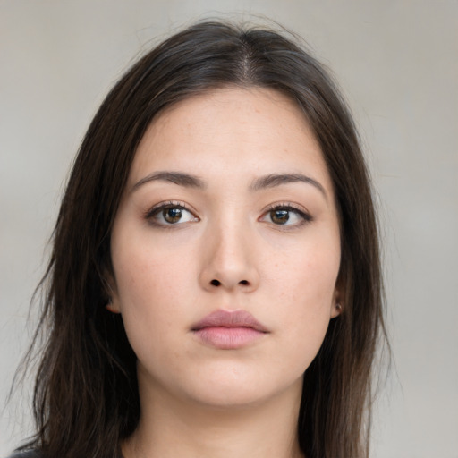 Neutral asian young-adult female with long  brown hair and brown eyes