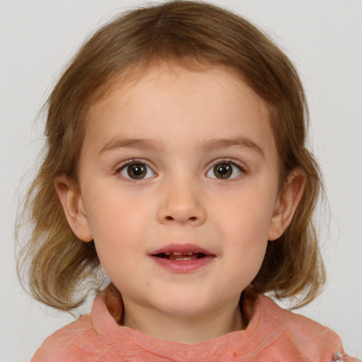 Neutral white child female with medium  brown hair and blue eyes