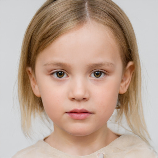 Neutral white child female with medium  brown hair and blue eyes