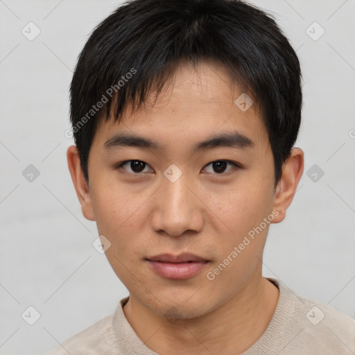 Neutral asian young-adult male with short  brown hair and brown eyes