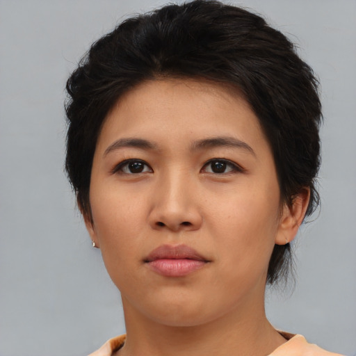 Neutral asian young-adult female with medium  brown hair and brown eyes