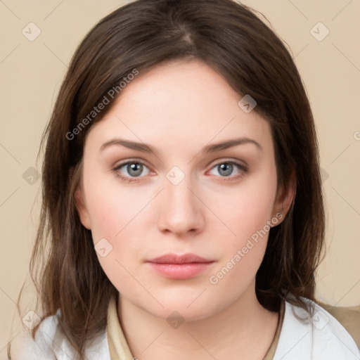 Neutral white young-adult female with medium  brown hair and grey eyes