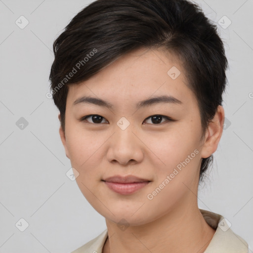 Joyful asian young-adult female with short  brown hair and brown eyes