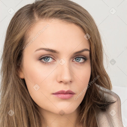 Neutral white young-adult female with long  brown hair and brown eyes