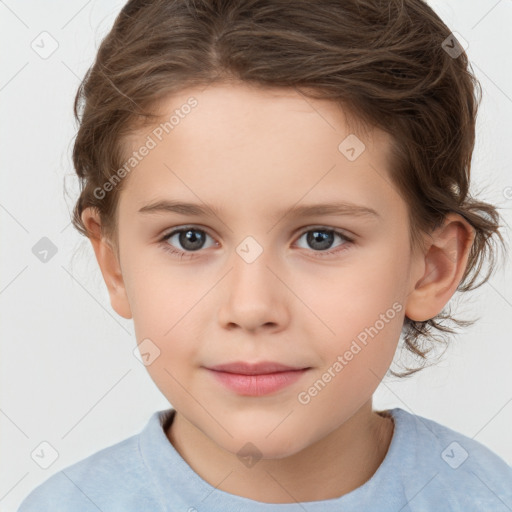 Joyful white child female with medium  brown hair and brown eyes