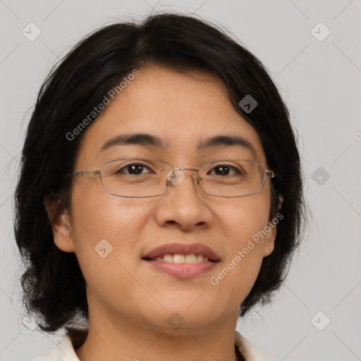 Joyful latino adult female with medium  brown hair and brown eyes