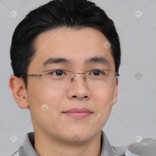 Neutral asian young-adult male with short  brown hair and brown eyes