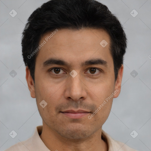 Neutral asian young-adult male with short  black hair and brown eyes