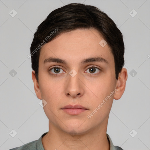 Neutral white young-adult male with short  brown hair and brown eyes