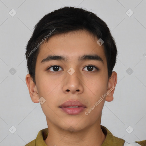 Neutral asian young-adult male with short  brown hair and brown eyes
