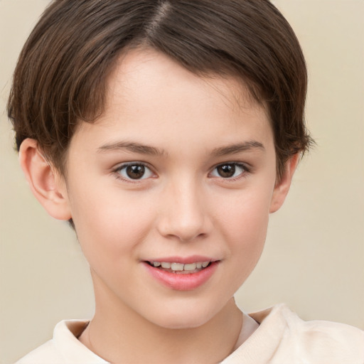 Joyful white child female with short  brown hair and brown eyes