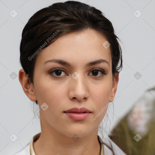 Neutral white young-adult female with short  brown hair and brown eyes