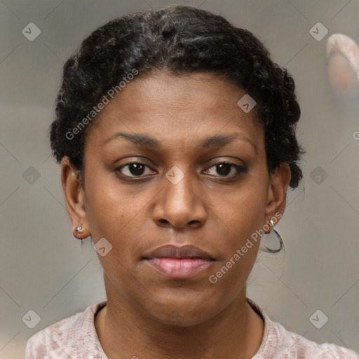 Neutral black young-adult female with short  brown hair and brown eyes