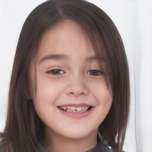 Joyful white child female with long  brown hair and brown eyes