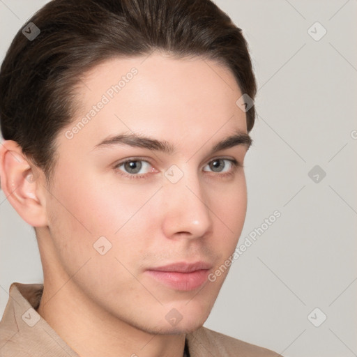 Neutral white young-adult male with short  brown hair and brown eyes