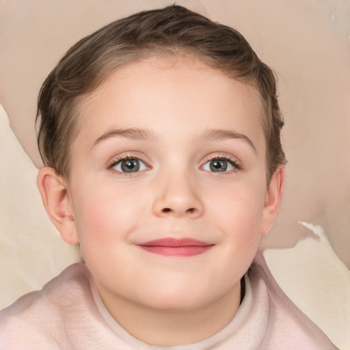 Joyful white child female with short  brown hair and brown eyes