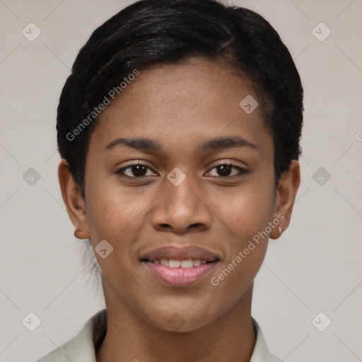 Joyful black young-adult female with short  brown hair and brown eyes