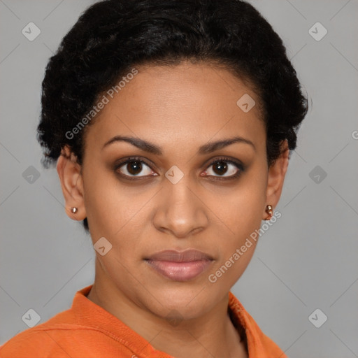Joyful latino young-adult female with short  black hair and brown eyes