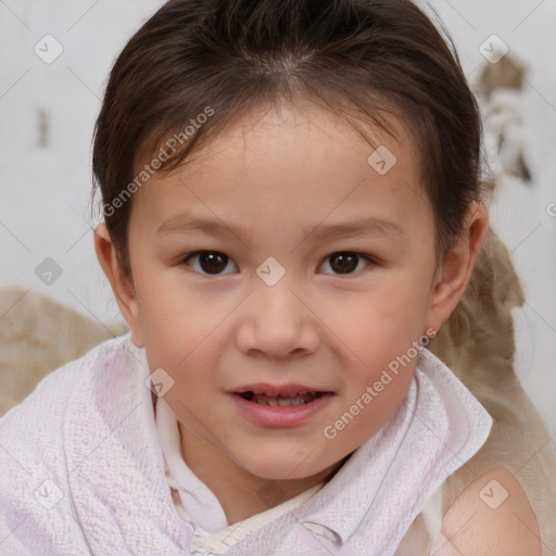 Joyful white child female with short  brown hair and brown eyes