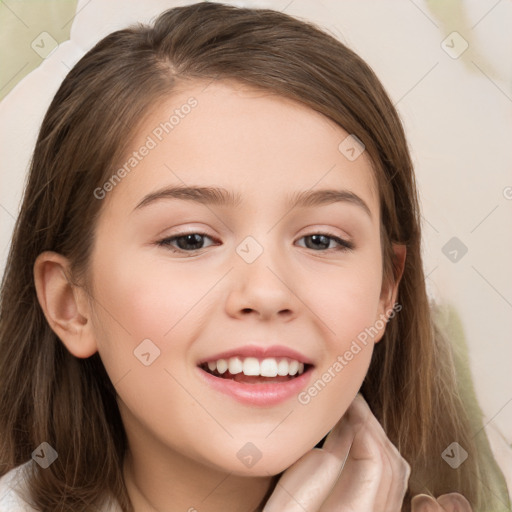 Joyful white child female with medium  brown hair and brown eyes