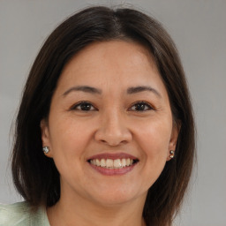 Joyful white adult female with medium  brown hair and brown eyes