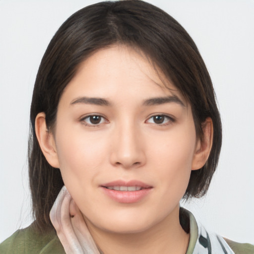 Neutral asian young-adult female with medium  brown hair and brown eyes