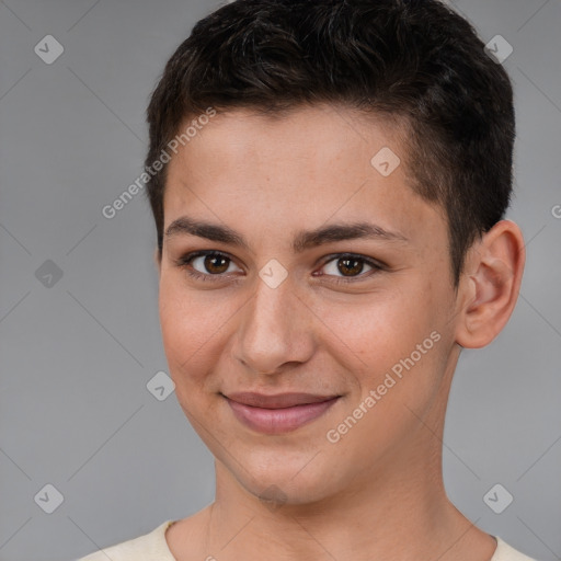 Joyful white young-adult female with short  brown hair and brown eyes