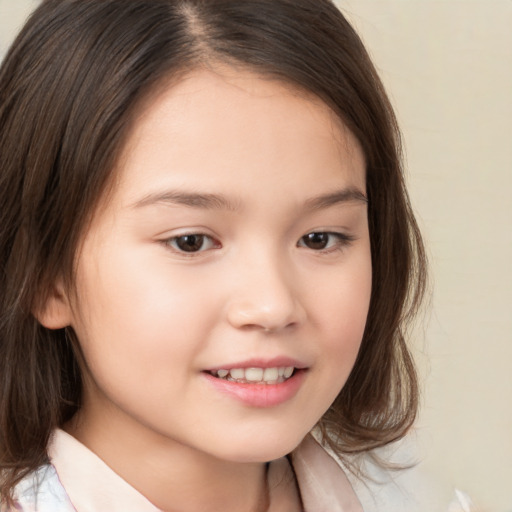 Joyful white child female with medium  brown hair and brown eyes