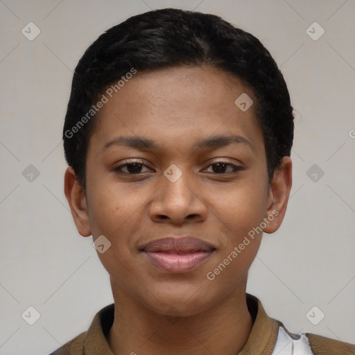 Joyful black young-adult female with short  black hair and brown eyes