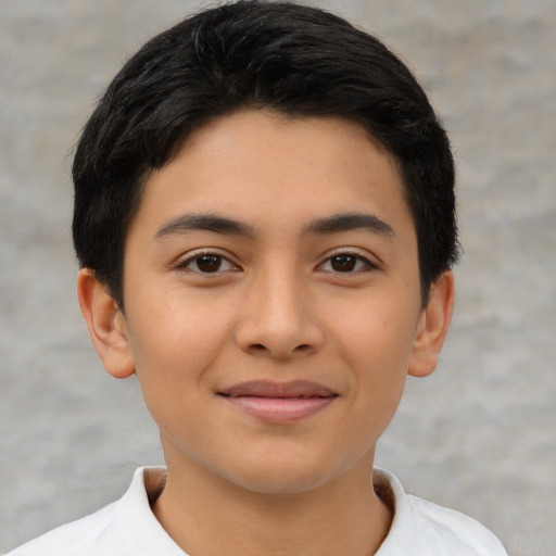 Joyful latino young-adult female with short  black hair and brown eyes