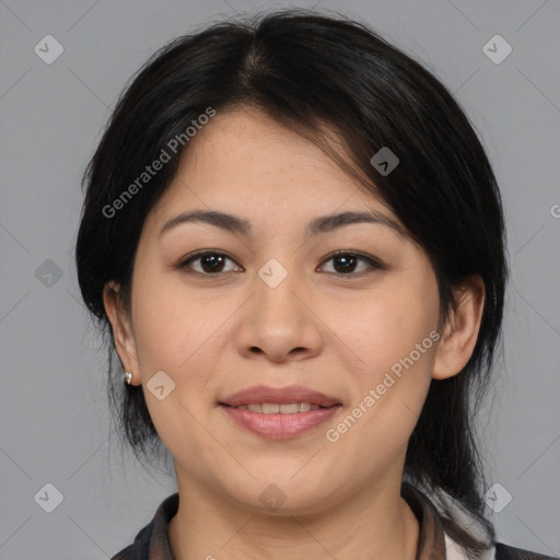 Joyful asian young-adult female with medium  black hair and brown eyes