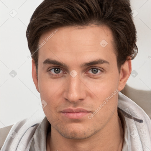 Neutral white young-adult male with short  brown hair and brown eyes