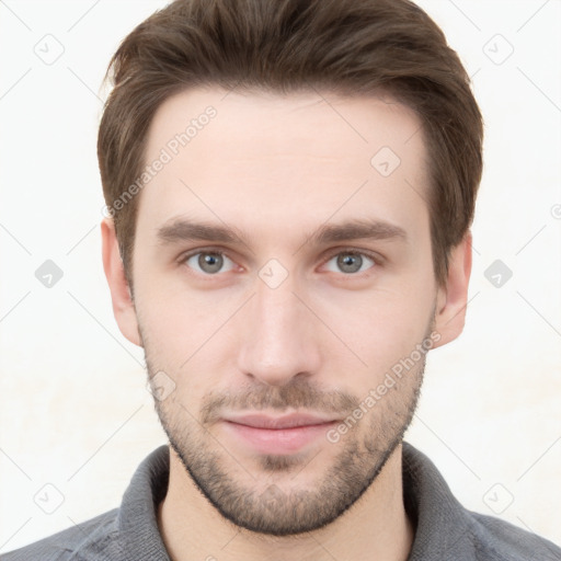 Neutral white young-adult male with short  brown hair and grey eyes