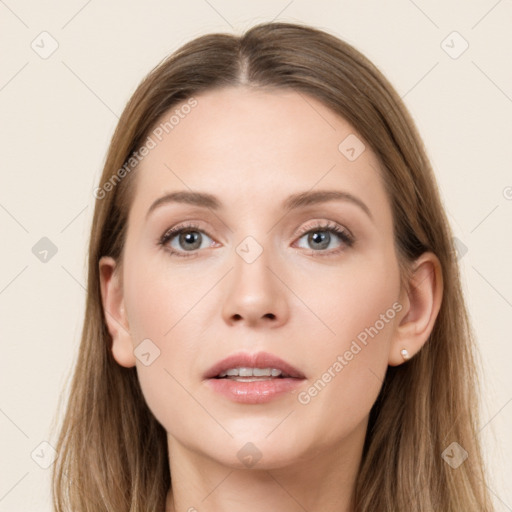 Neutral white young-adult female with long  brown hair and grey eyes