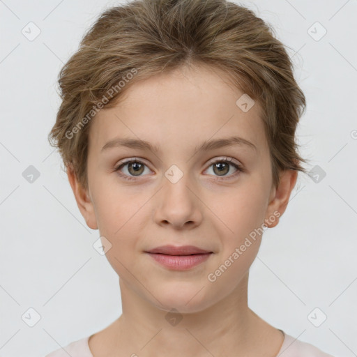 Joyful white child female with short  brown hair and brown eyes