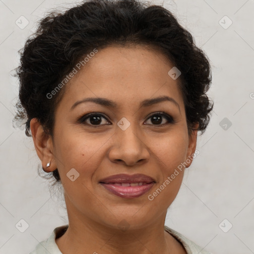 Joyful latino young-adult female with short  brown hair and brown eyes