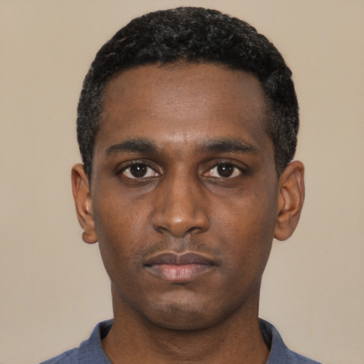 Neutral black young-adult male with short  black hair and brown eyes