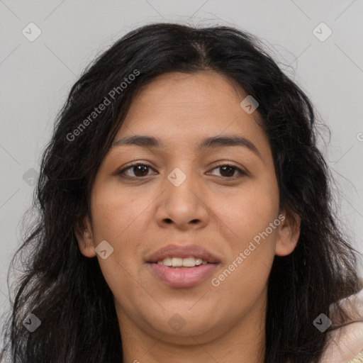 Joyful latino young-adult female with long  brown hair and brown eyes