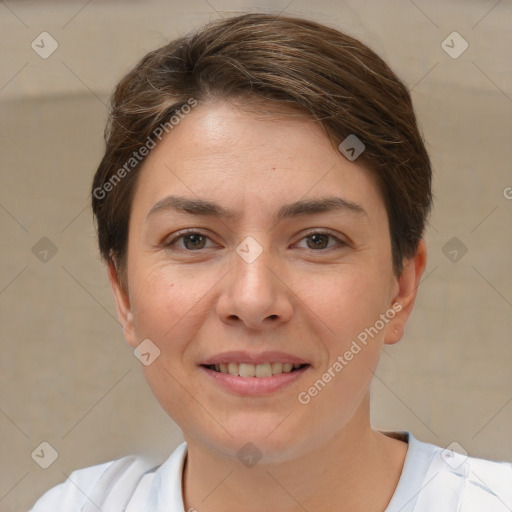 Joyful white young-adult female with short  brown hair and brown eyes