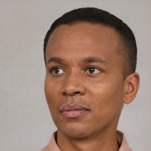 Neutral black adult male with short  black hair and brown eyes